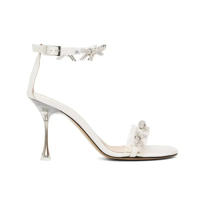 

Bride Wedding Summer Luxury Transparent One Word With Stiletto Open Toe Sandals Simple Rhinestone Bow Knot Party High Heel Women