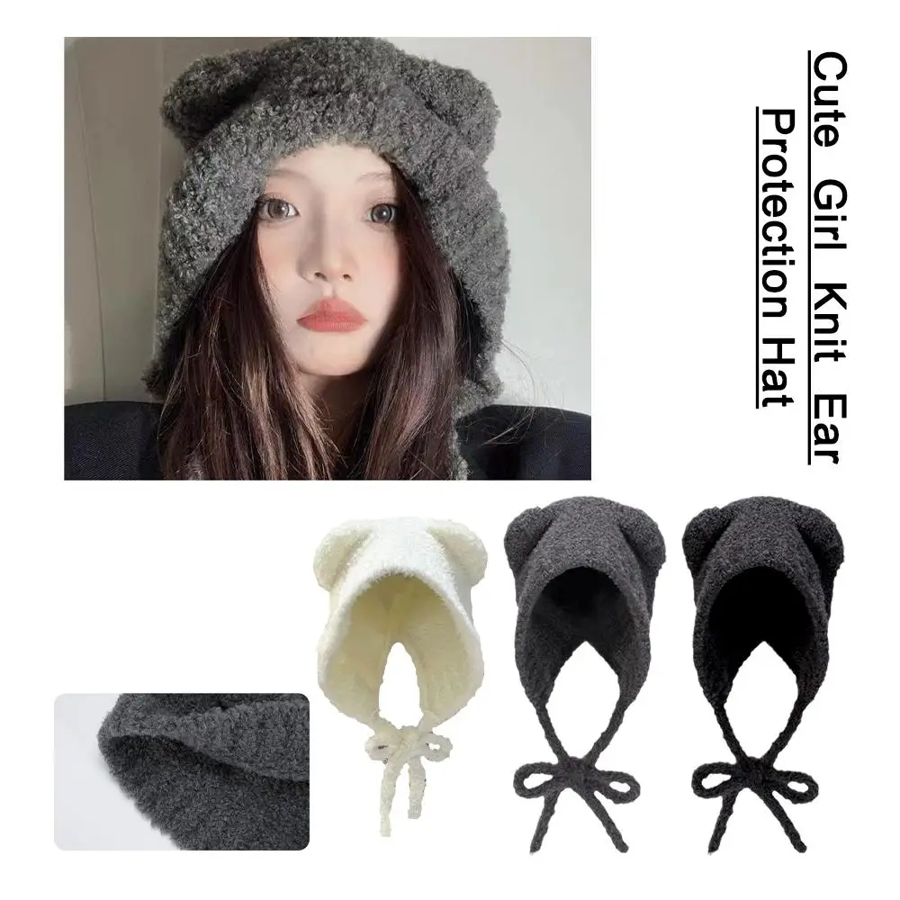 

Cute Girl Knit Ear Protection Hat Bear Women Earmuffs Woolen Headgear Color Warm Winter Hood Beanies Solid Bonnet Cap Croch U8K9