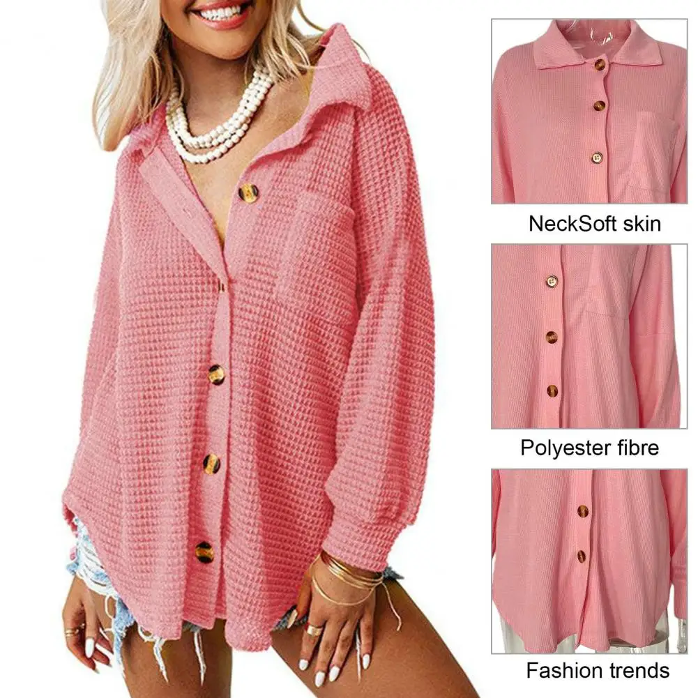 

Мягкая женская рубашка, стильный женский кардиган на пуговицах, свободный крой, асимметричный подол, вафельная трикотажная рубашка для осени и весны, Стандартный крой