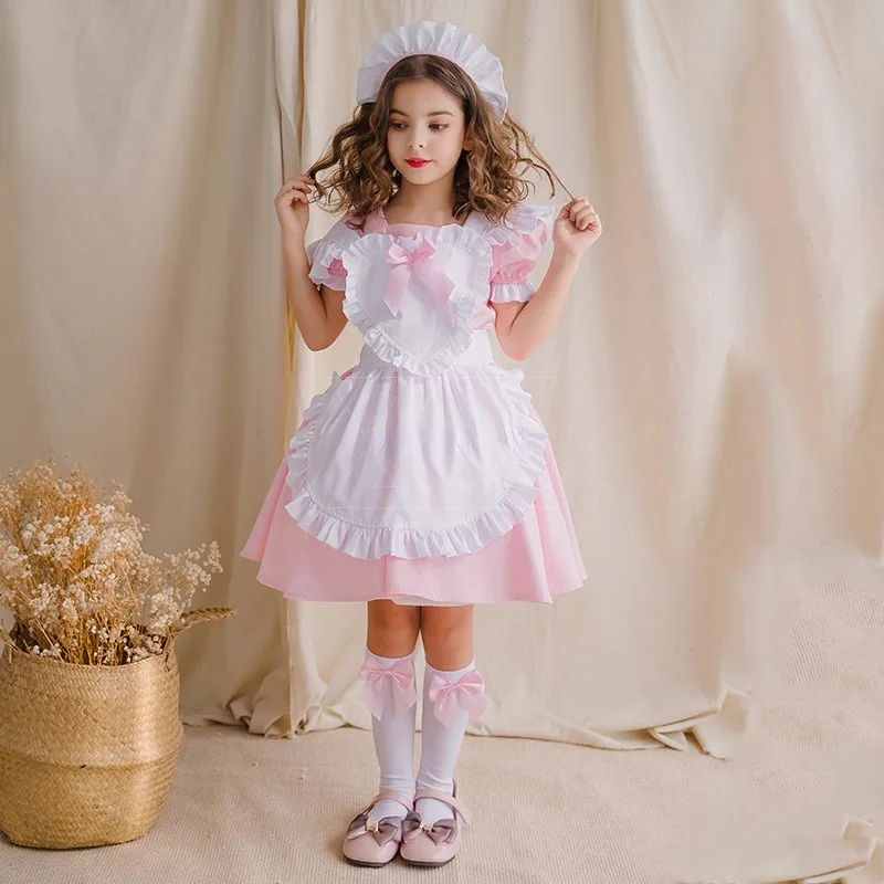 

2024 New Pink Dress Women Party Princess Coffee Maid Ruffles Anime Cosplay Costumes Japanese Kawaii Halloween Waitress Role Play
