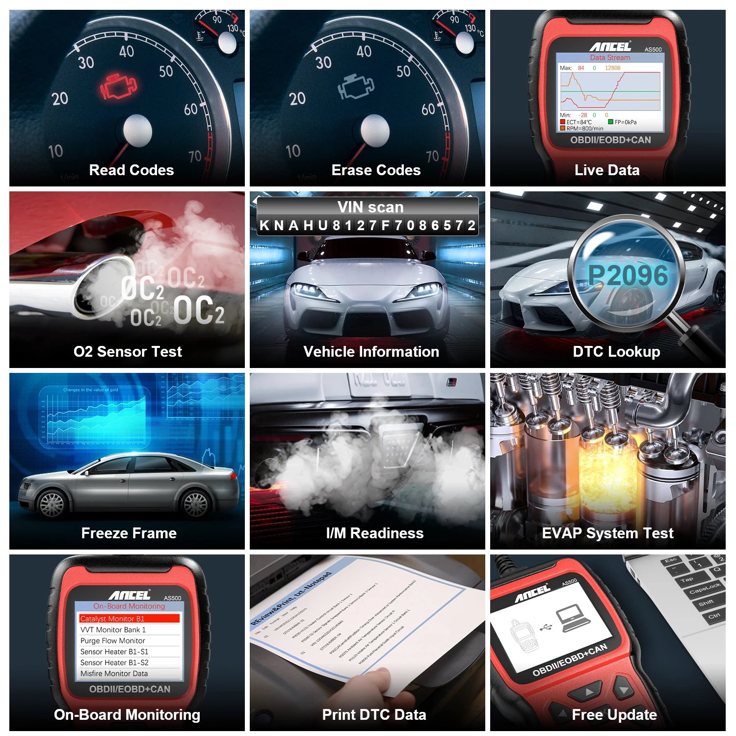 ANCEL AS500 OBD2 Automotive Scanner Multilingual Engine Code Reader Free Update OBD 2 Car Diagnostics Scan Tool PK KW850 2