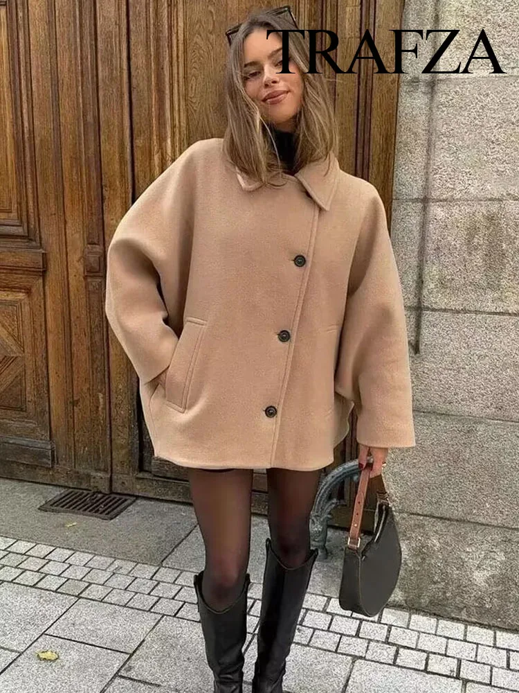 TRAFZA Winter Women's Loose Short Jacket Stand Collar Long Sleeve Button Casual Jacket Women's Wool Blended Khaki Top Y2K 2