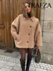 TRAFZA Winter Women's Loose Short Jacket Stand Collar Long Sleeve Button Casual Jacket Women's Wool Blended Khaki Top Y2K 2