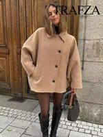 TRAFZA Winter Women's Loose Short Jacket Stand Collar Long Sleeve Button Casual Jacket Women's Wool Blended Khaki Top Y2K 2