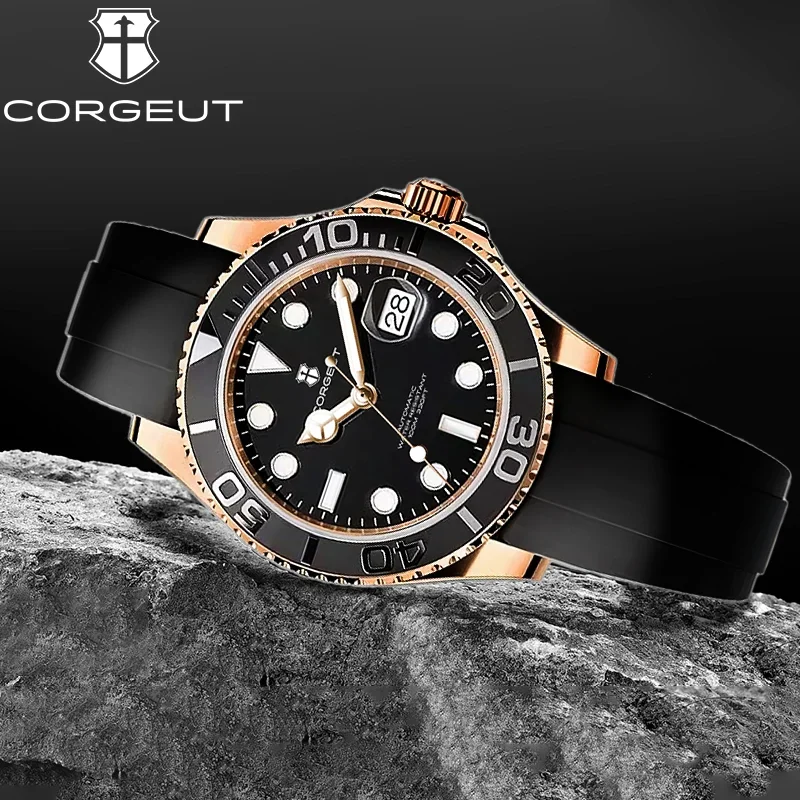 

Corgeut NH35 Sports Luxury Men's Automatic Mechanical Watch Sapphire Glass Waterproof Clock Ceramic Border Rose Gold Rubber Band