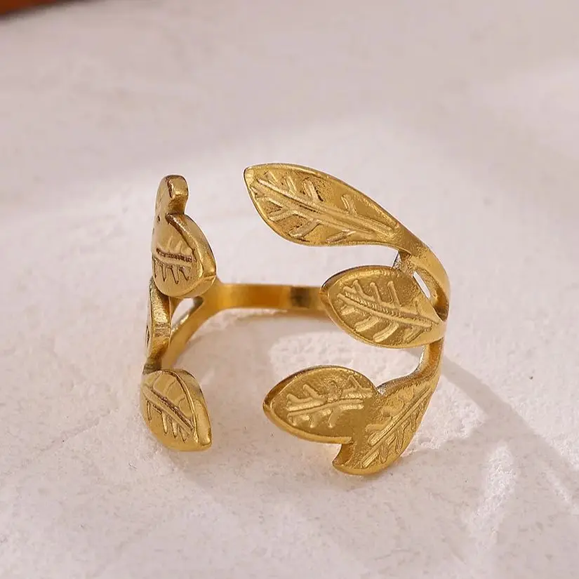 Fashion Leaf Rings for Women Gold Stainless Steel Geometric Opening