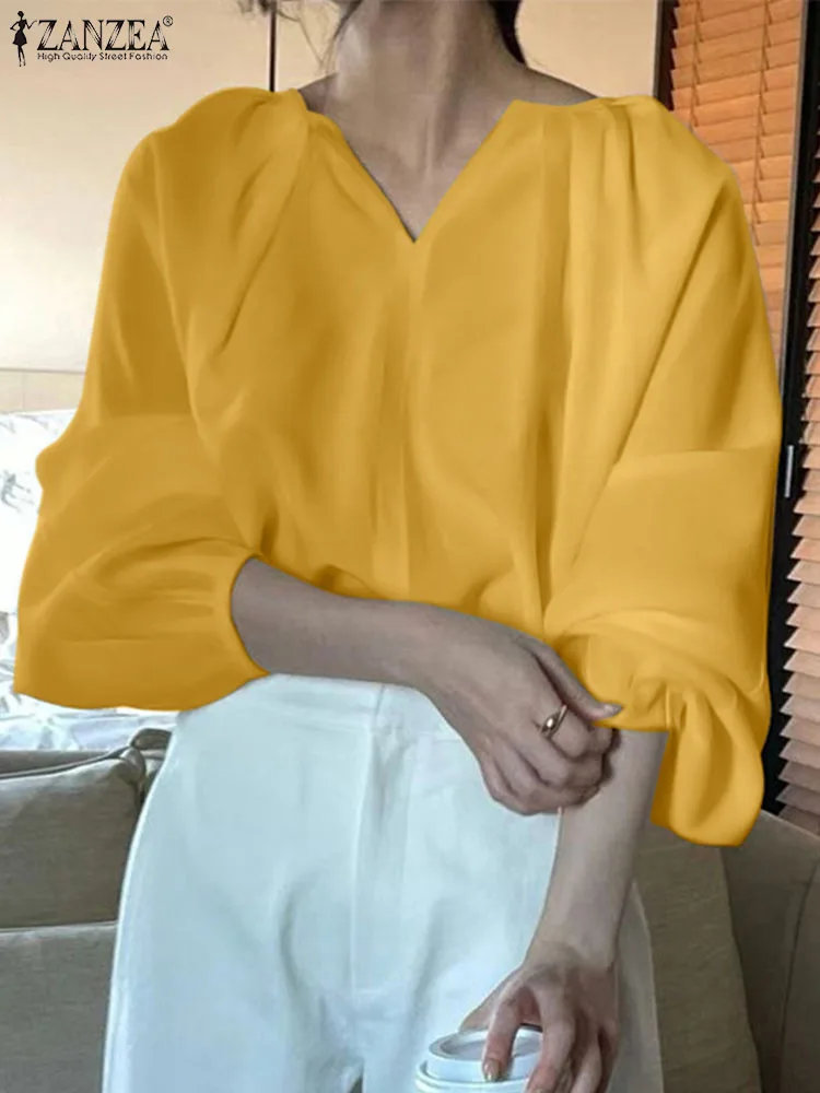 

ZANZEA Vintage Women Tops Solid V-neck Chic Blouse 2023 Autumn Long Puff Sleeve Fashion Shirts Casual Loose Pleats Dating Tunics