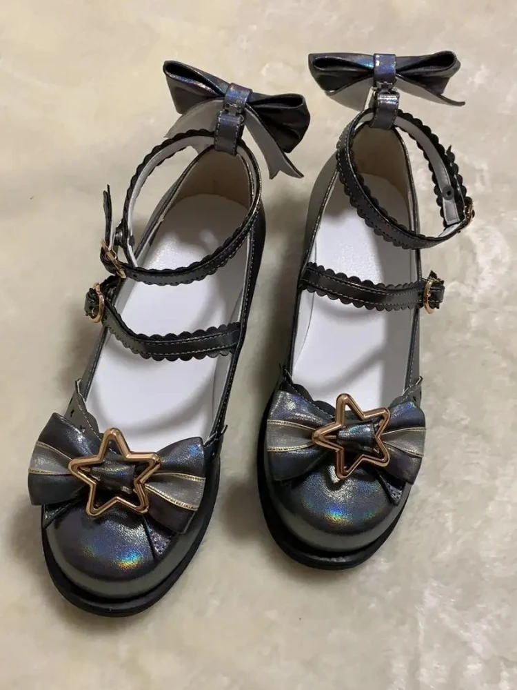

Sweet bowknot five-pointed star kawaii shoes loli cos 2020 new Anime cosplay lolita shoes cute round head PU solid women's shoes