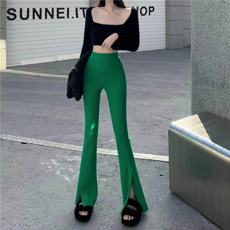 New Year Bell Bottom Stretch Leggings Women Green Chic Flare Pants Korea Fashion Boots Cut Streetwear Spring Office Trousers