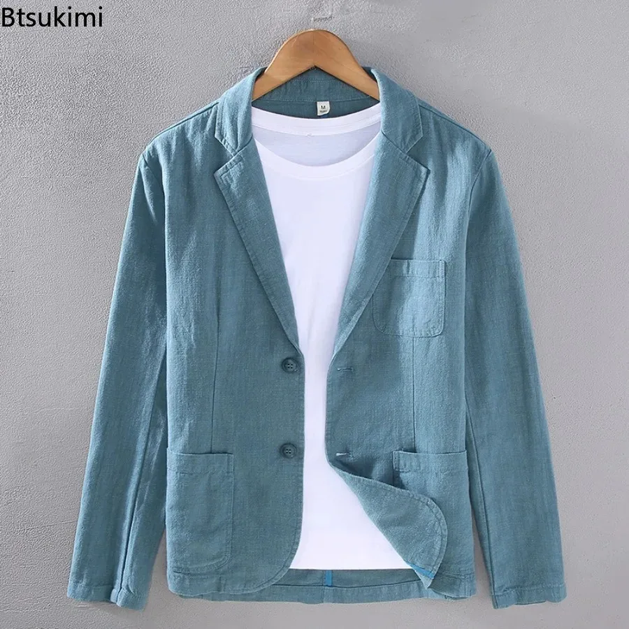 Men's Blazer Jacket Fashion Solid Slim Casual Business Breathable Suit Coats Cotton Linen Thin Suit High Quality Men Clothing - 2