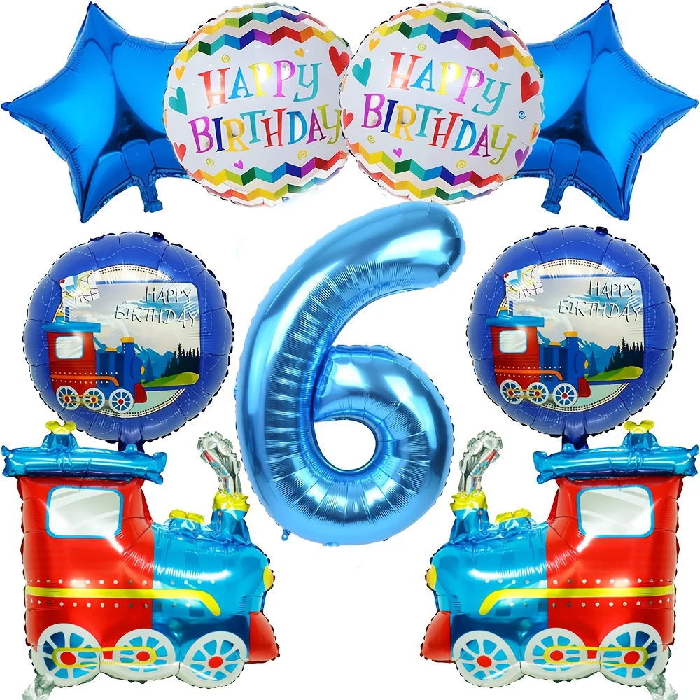 9 stücke Retro zug Ballon Set Blau Digitale Folien Ballon Cartoon Zug Ballon Geburtstag Party Dekoration Lieferungen Baby Dusche – Detail 6