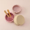 3PCS Baby Silicone Dinner Set Cartoon Lion Shape Suction Bowl Wooden Handle Spoon Fork Soft Utensils Pure Color Baby Tableware 5