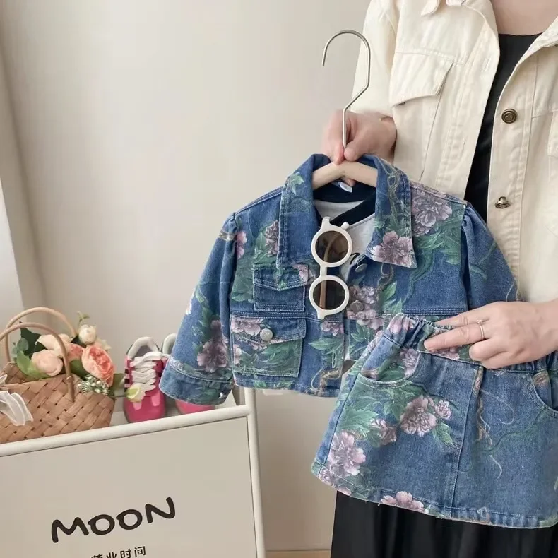 

2023 Korean Girls Baby Floral Pinted Denim Clothing Set Jackets+skirts Fashion Kids Children Flowers Jeans Spring Autumn Clothes