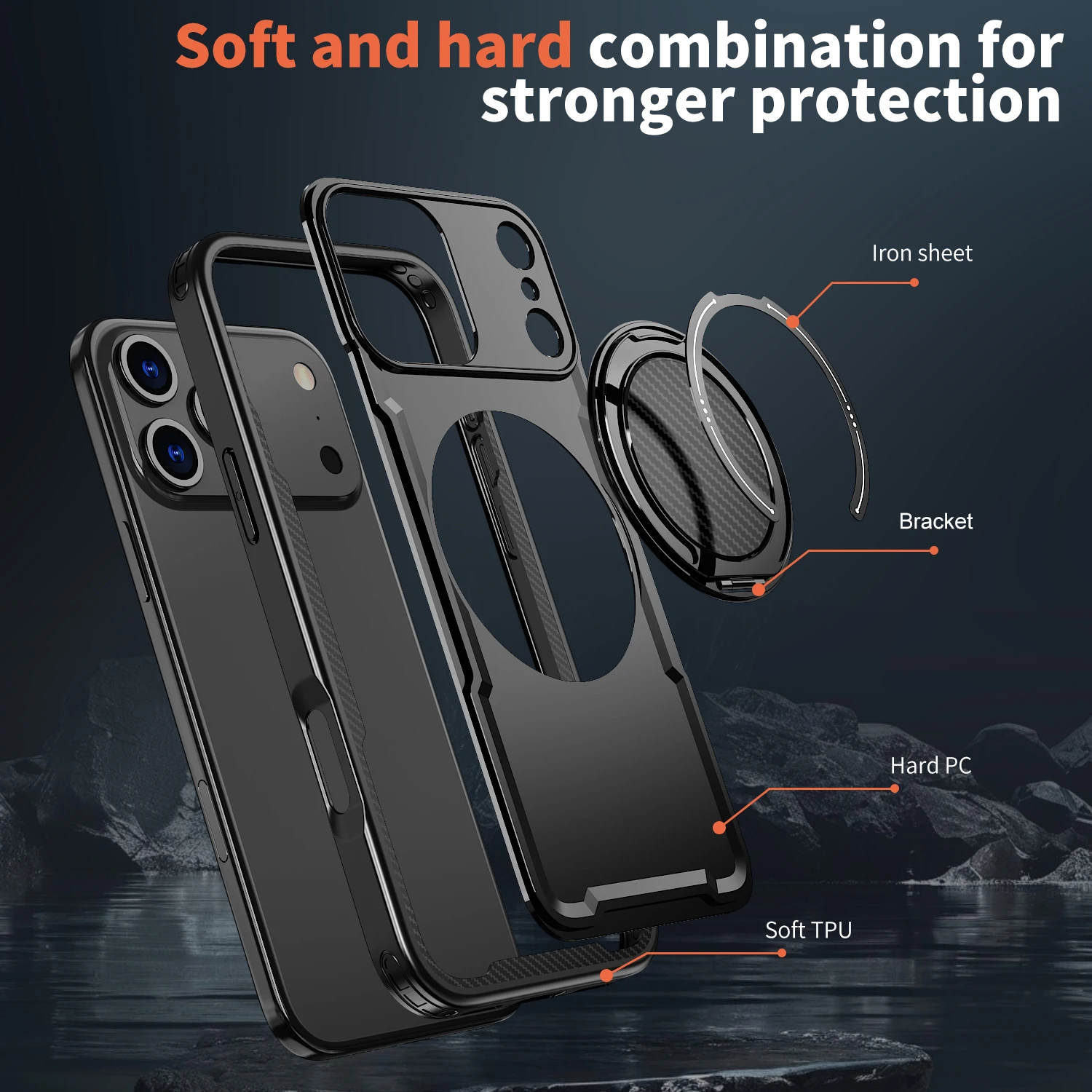 Magnetic Rotating Stand Shockproof Phone Case with TPU Frame and Metal Bracket