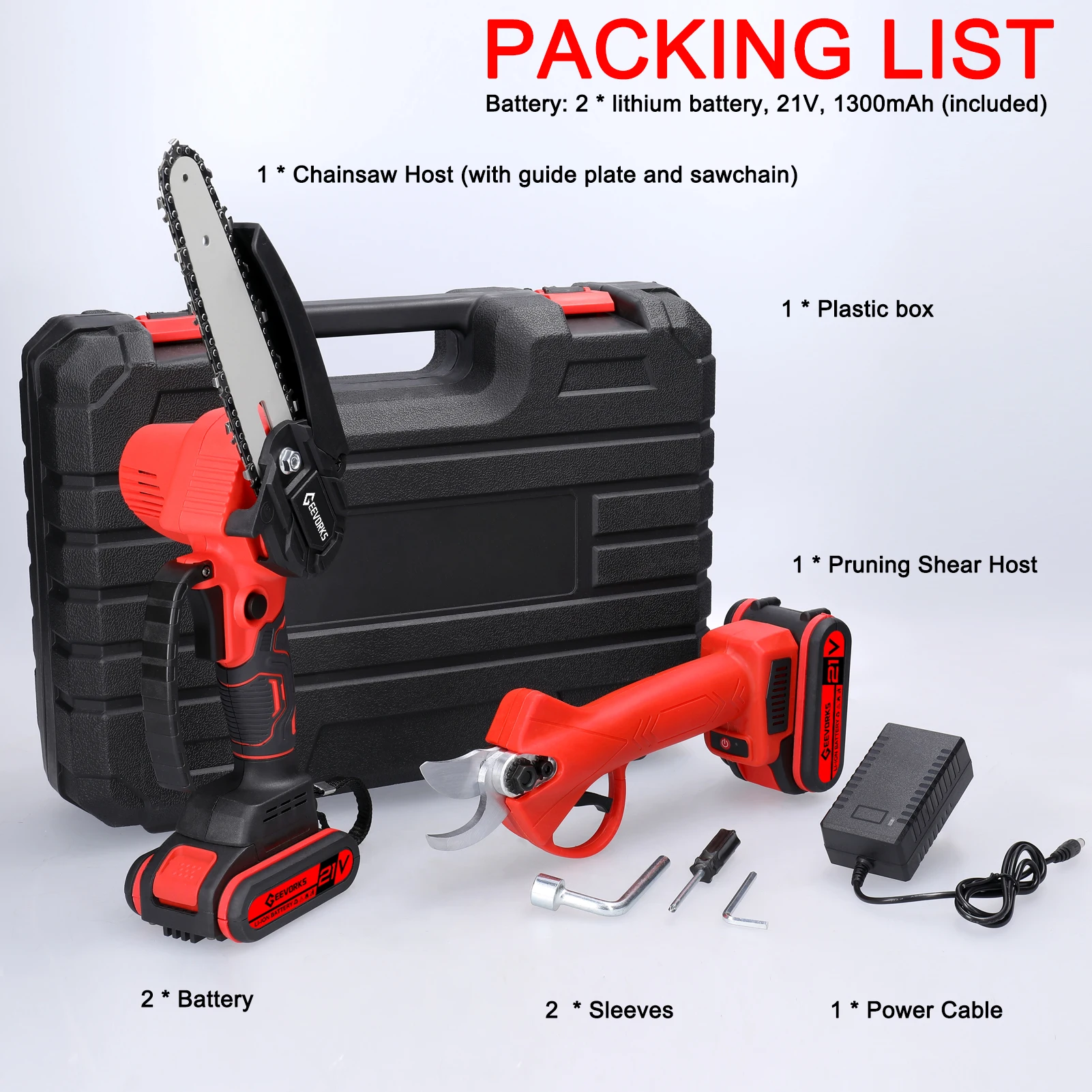 21V 6inch Portable Electric Chainsaw and 25mm Cordless Pruning Shear Set Wood Splitting Cutting Machine Kit Handheld Woodworking