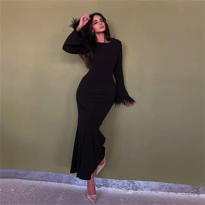 

Female Solid Long Dress Feather Sleeve Women Elegant O-Neck Hip Wrap Skirt 2023 Ladies Fashion Slim Party Club Evening Dresses