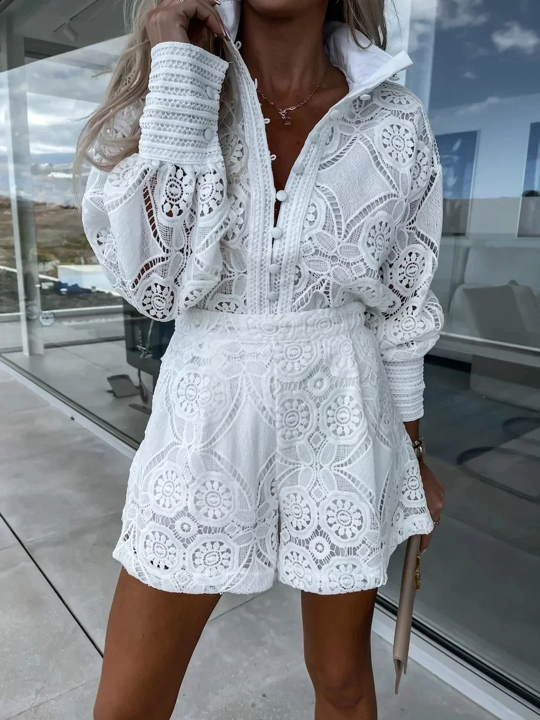 Pajama for Women Vintage Single Breasted White Lace Women Shorts Sets Long Sleeve Casual Party 2 Pcs Outfits Femme Suit Summer