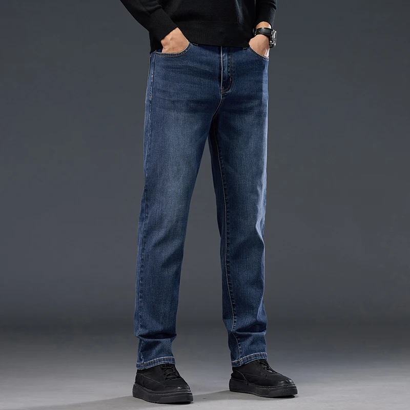 Men's Jeans Autumn New High Waist Business Casual Straight Trousers Classic Blue Black Elastic Washed denim Pants Brand Clothing 4
