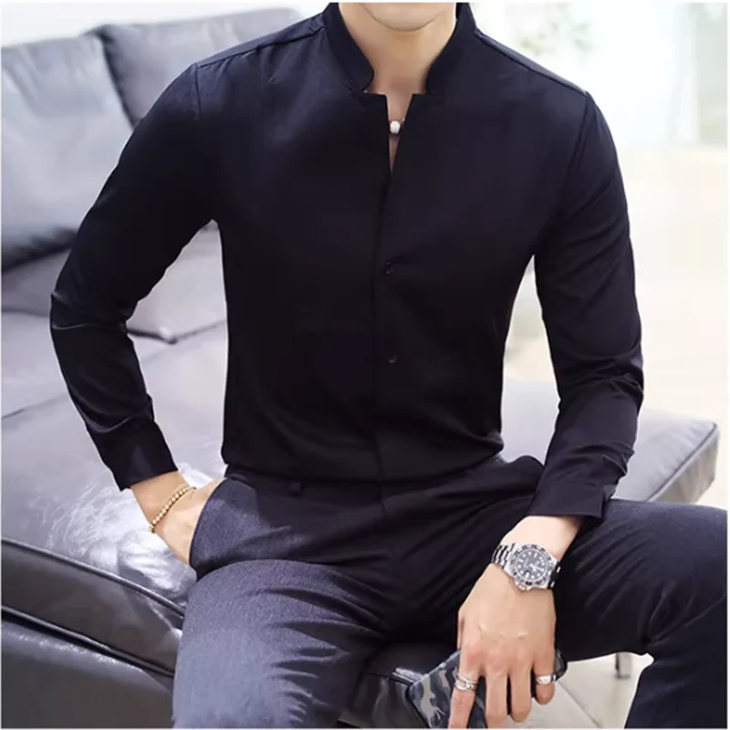Men Business Shirts Black/White Fashion Elegant Stand Collar Long Sleeve Tops Wedding Party Dresses men casual shirts dress shirts