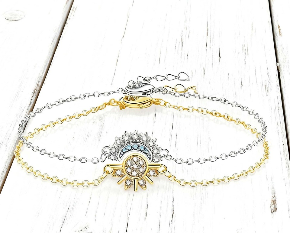 Couple Sun And Moon Pendant Necklace And Open Ring bracelets Gift Set, Retro Design, Set With Diamonds For Her