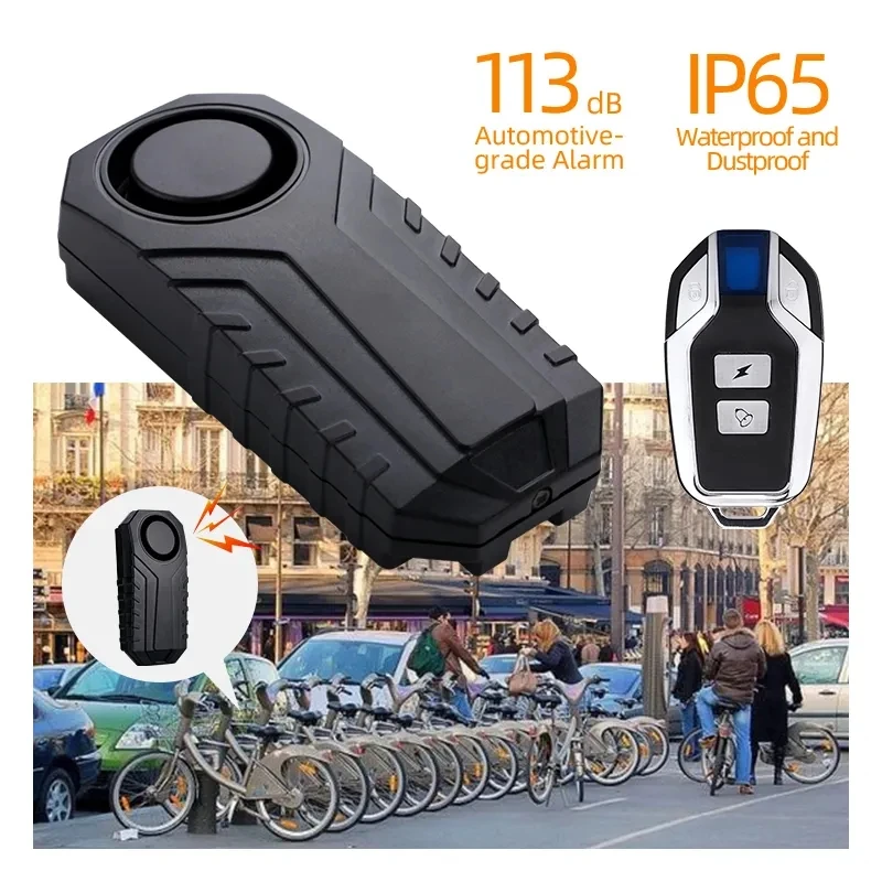 113dB Wireless Bike Alarm Remote Waterproof IP65 Motorcycle Alarm Vibration Sensor Motion Detection Function Power Battery
