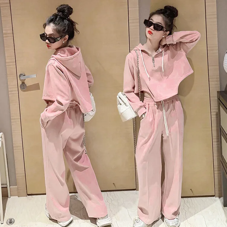 Korean Spring Autumn Junior Girls Tracksuit Half Zip Hooded