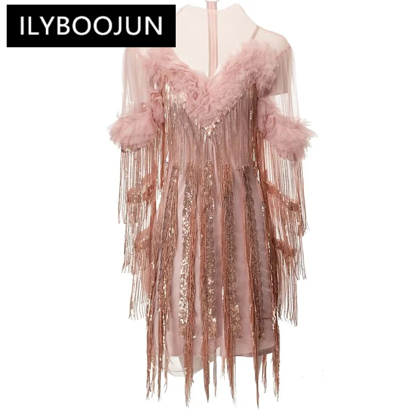 

Модное дизайнерское летнее Сетчатое платье ILYBOOJUN, элегантные женские платья с воротником-стойкой и длинным рукавом, блестками и бахромой