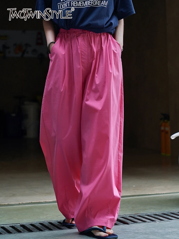 

TWOTWINSTYLE Solid Casual Wide Leg Pants For Women High Waist Patchwork Pocket Loose Full Length Trouser Female Fashion Style