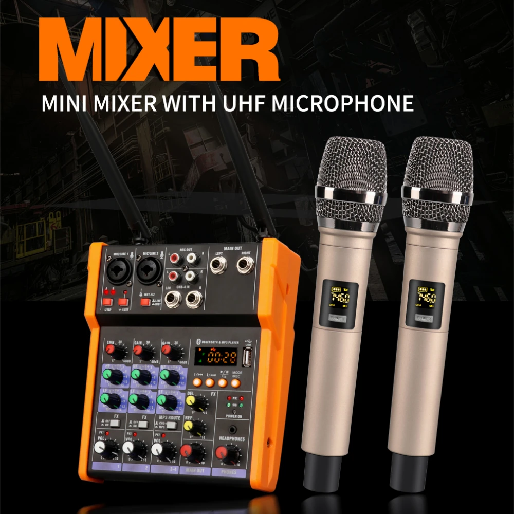 Audio Mixer Console with Microphone Portable Mini 4 Channel Sound Card Mixer Soundcard Amplifier Karaoke Dynamic Condenser Hot