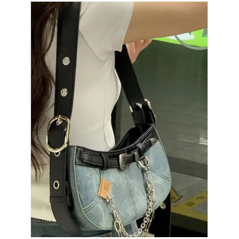 JIAERDI Sweet Cool Denim Blue Underarm Bag Purse Women Versatile Chain Casual Crossbody Bags Female Vintage Y2k Handbag 2025