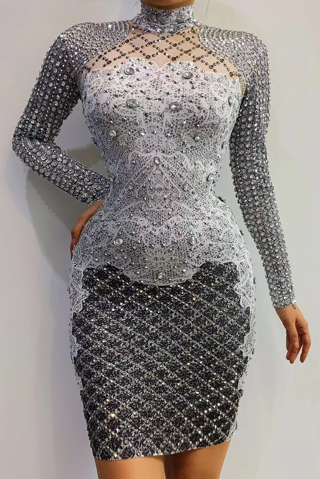 Блестящий бриллиантовый жемчуг с длинным рукавом, черно-серый цвет, сексуальный женский костюм для празднования дня рождения, детской сценической вечеринки A016