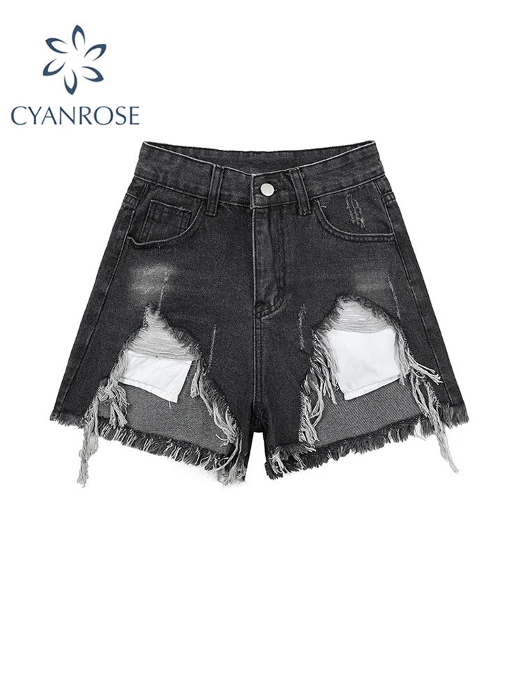 

High Waist Women's Denim Shorts Summer Ripped Jeans Short Female Black Gothic Y2K Vintage Harajuku Blue A-Line Short Pants 2023