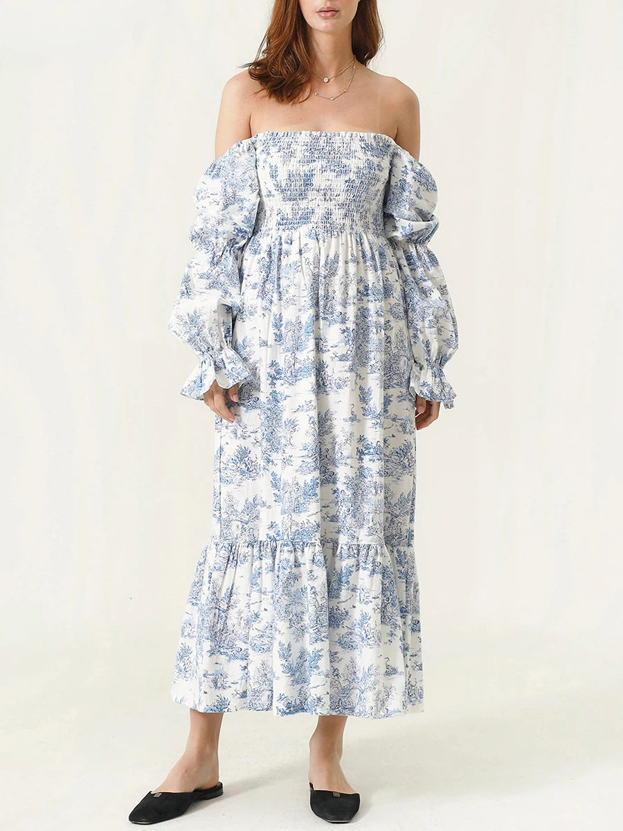 

Women's 2023 Autumn Long Bohemian Beach Puff Sleeve Dress Long Sleeve Off Shoulder Solid Color/Floral Loose Long Dress