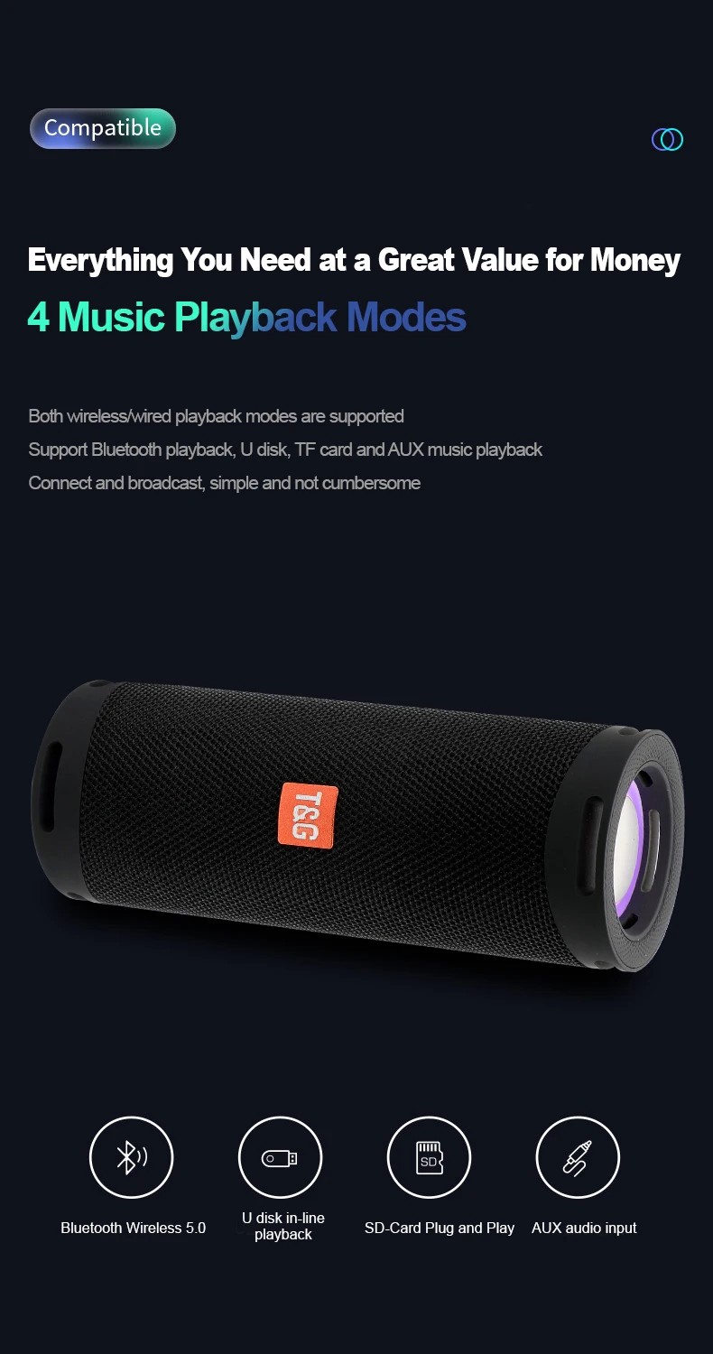 TG289 Alto-falante portátil sem fio Bluetooth, luz