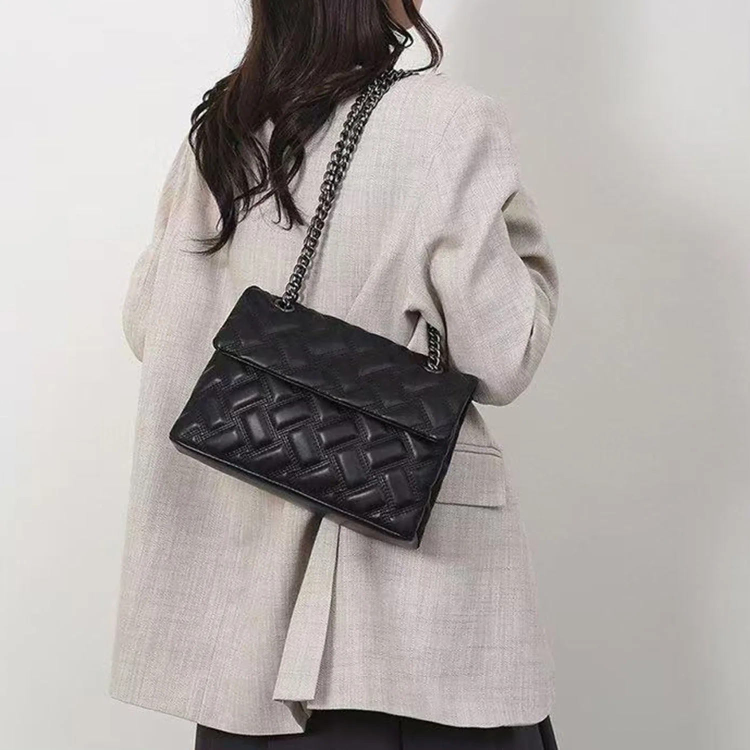 Women's K-G Lingge Chain Bag Sewing Fashion Bag Shoulder Handbag PU Leather Ladies Crossbody