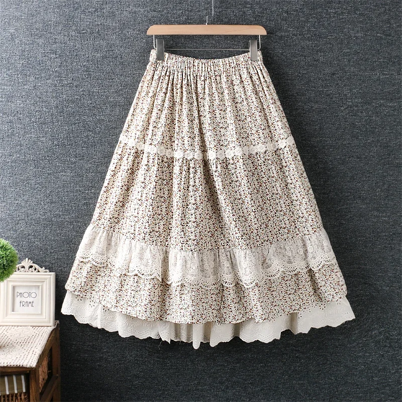 

Spring Autumn Japan Style Mori Girl Floral Print Lace Embroidery Skirt Women Elastic Waist Cotton linen Casual Loose Skirts