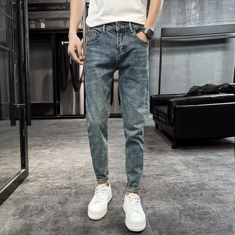 Retro Winter Men's Fleece Slim Straight Jeans Retro Washed Elastic Cotton Open Crotch Outdoor Sex Skinny Fashion Denim Trousers