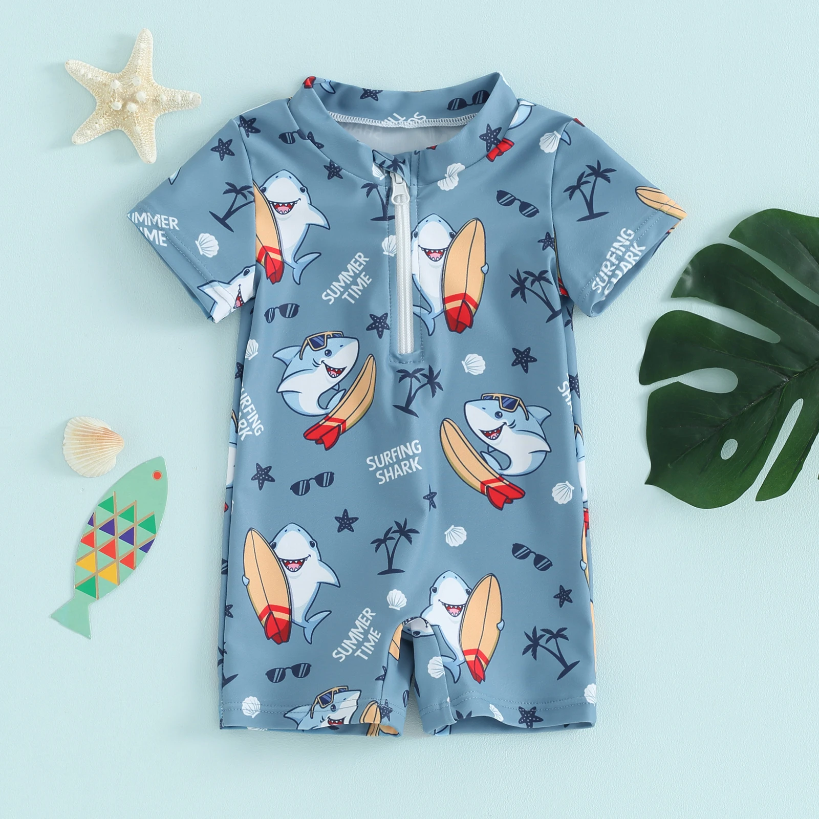 Cartoon Baby Boys Swimwear Beach Wear Cute Marine Life Print Short Sleeve Swimsuits Front Zipper Bathing Suits For Kids Infant