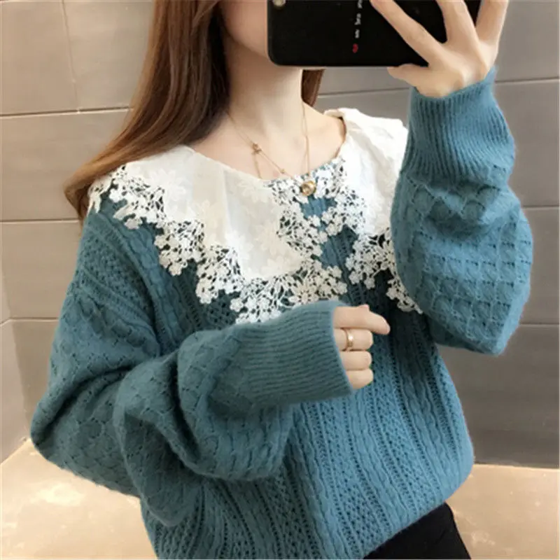 Sweet Peter Pan Collar Spliced Lace Hollow Out Blouse Women Clothing 2022 Autumn New Loose Casual Pullovers All-match Chic Shirt