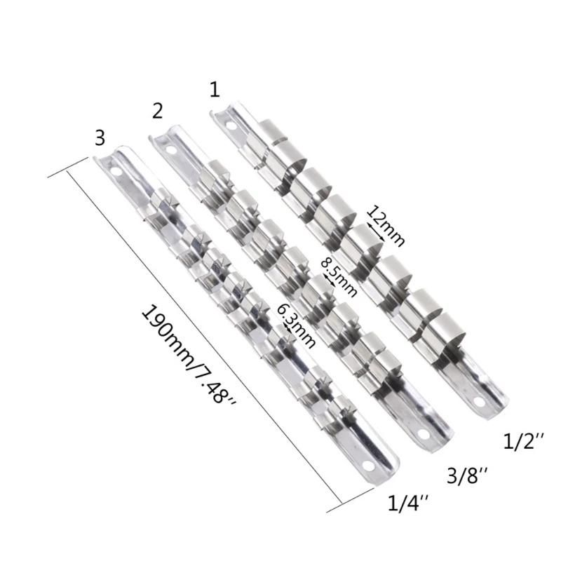 Socket Rack Holder 1/4" 3/8" 1/2" with 8 Clips On Rail Tool Organizer Storage