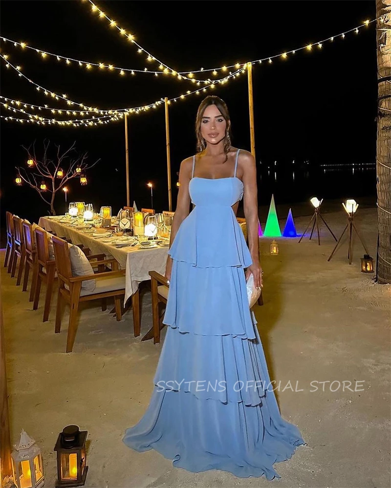 Sexy Blue Evening Dresses Arabic Spaghetti Straps Tiered Ruffles Formal Party Prom Gowns Floor-Length Robe de soiree Summer