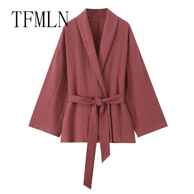 TFMLN Women Fashion Pajama Style Pants Sets 2025 New Long Sleeve Blouse With Sashes Shirts Top Women's Two Piece Set