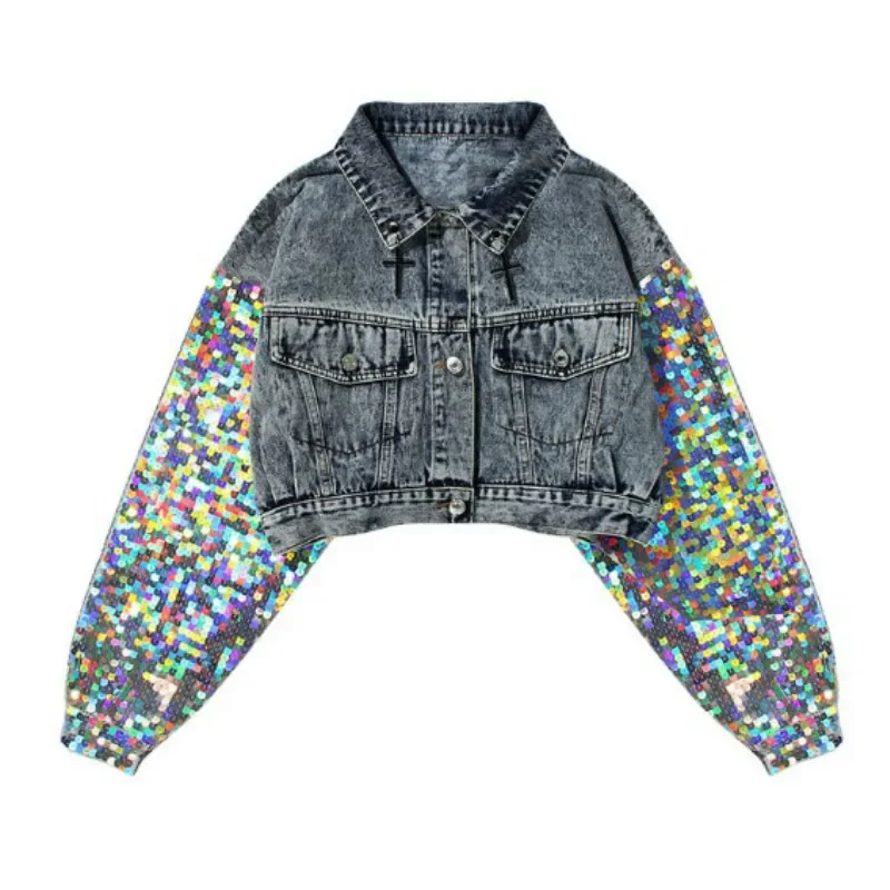 Sequins Denim Bomber Jeans Jacket Cowboy Coat Rainbow Sequins