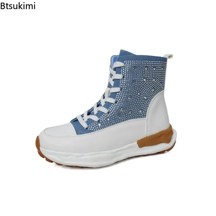 2024 Women's Front Lace Up Short Boots Diamond Thick Sole Martin Boots Autumn Winter Casual Mid Length Flat Bottom Boots Woman