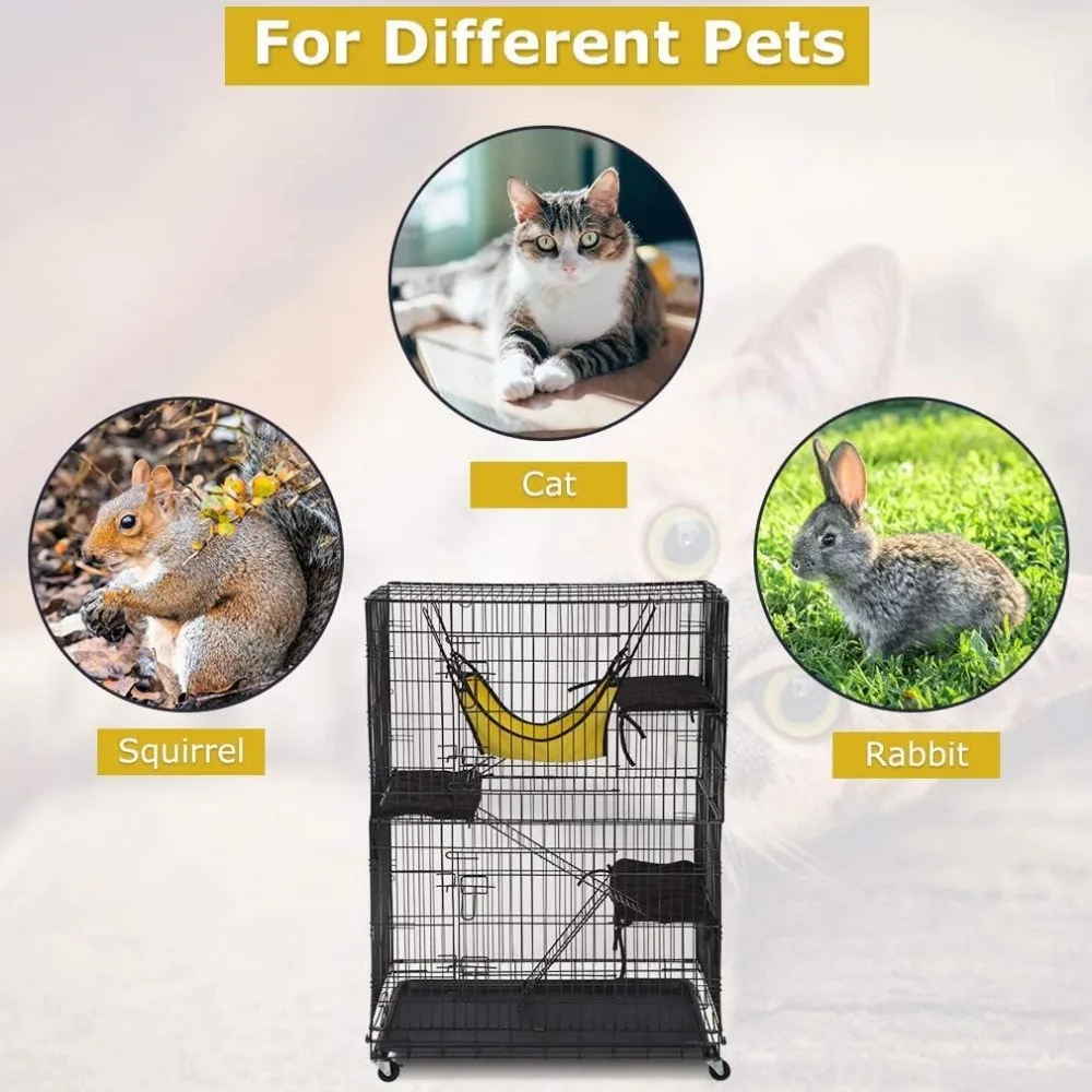 4-Tier 48 Inches Cage Crate Cat Kennel Cat Playpen with Free Hammock 3 Bed 2 Front Doors 3 Ramp Ladders Perching
