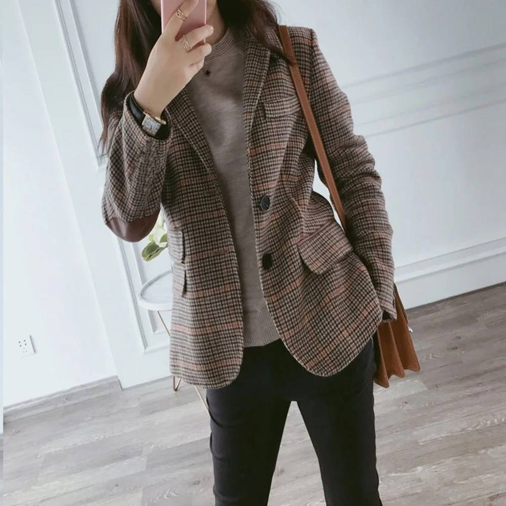 

Korean Version Short Wool Plaid Suit Jackets Work Women's Autumn 2022 New Large Size Retro Ladies Female Office Business Blazer