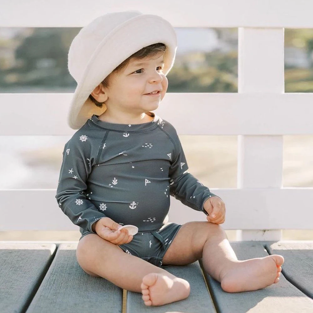 Summer Kids Boy Swimsuits 1-7T Fashion Children Surfing Swim Suit Toddler Sets Vacation Beach Pants Long Sleeve Tops with Hat kids swimsuits boys swim shorts