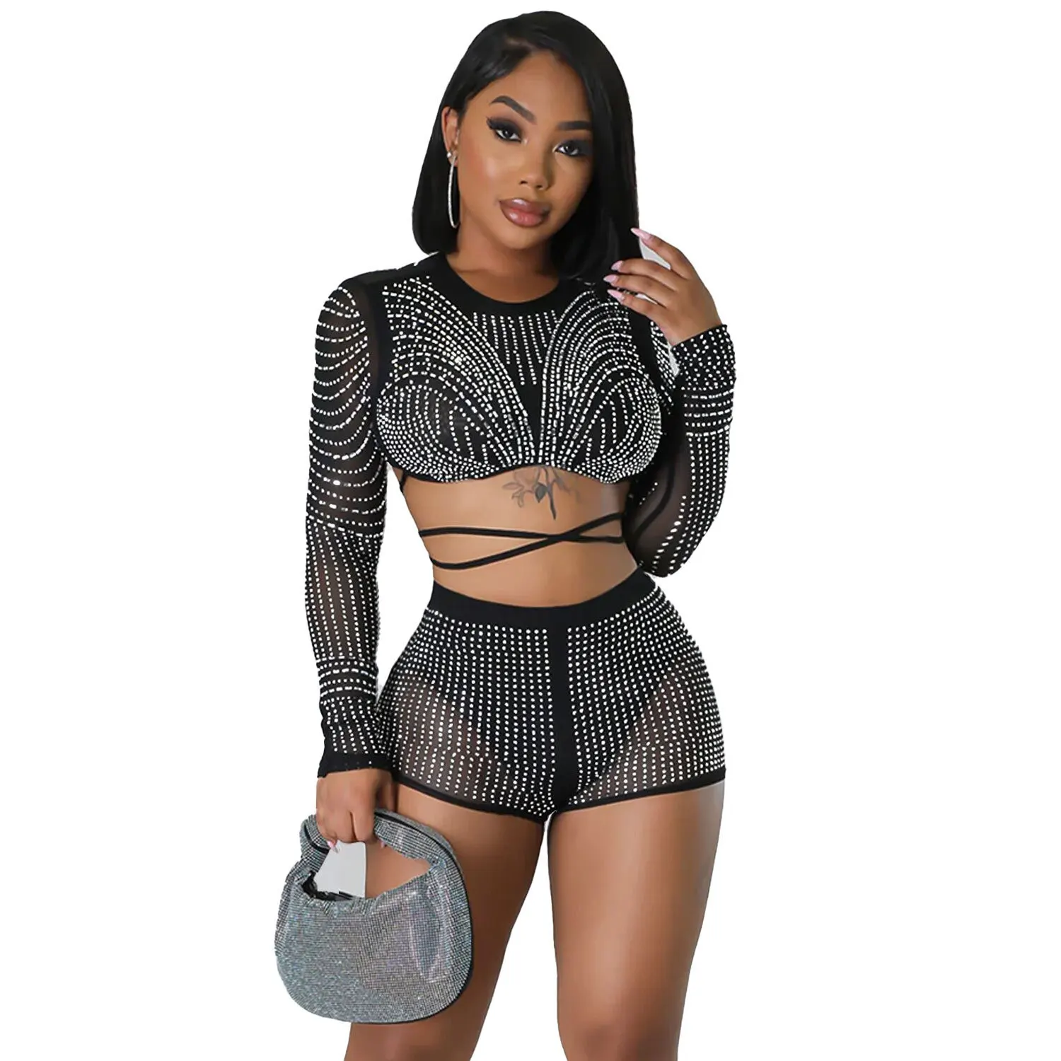 

AOSKM2023NewSpring And Summer K2719 Europe And The United States Sexy Hot Hollowed Out PersPective Lady Two-Piece Nightclub Suit