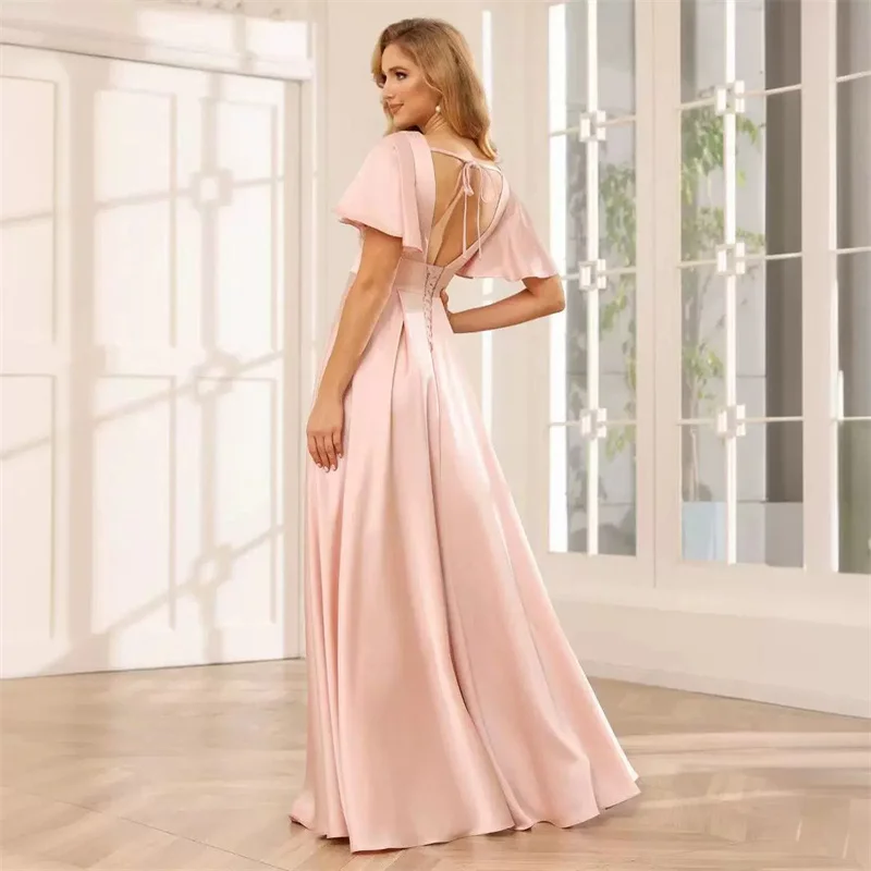 Customise Slit Simple A Line Satin V Neck Pleat Off Shoulder Evening Bridesmaid Dresses Wedding Party Formal Prom Lace Up Back