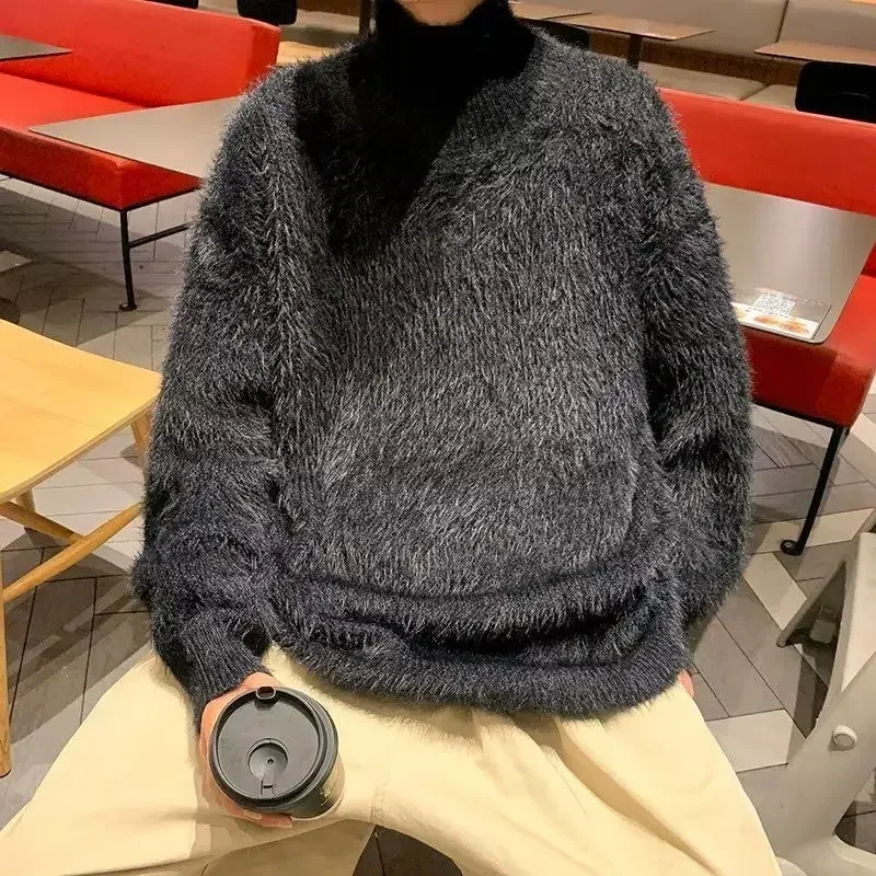 Winter Imitation Mohair Turtleneck Sweater Fashion Causal Loose High Street Knit Sweaters Pullovers Men Top Male Clothes 3